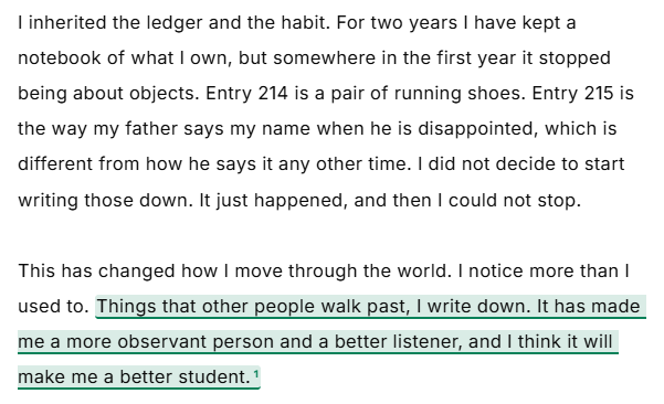 Two paragraphs from a student's essay with one sentence highlighted and marked with a numbered reference to its suggestion.